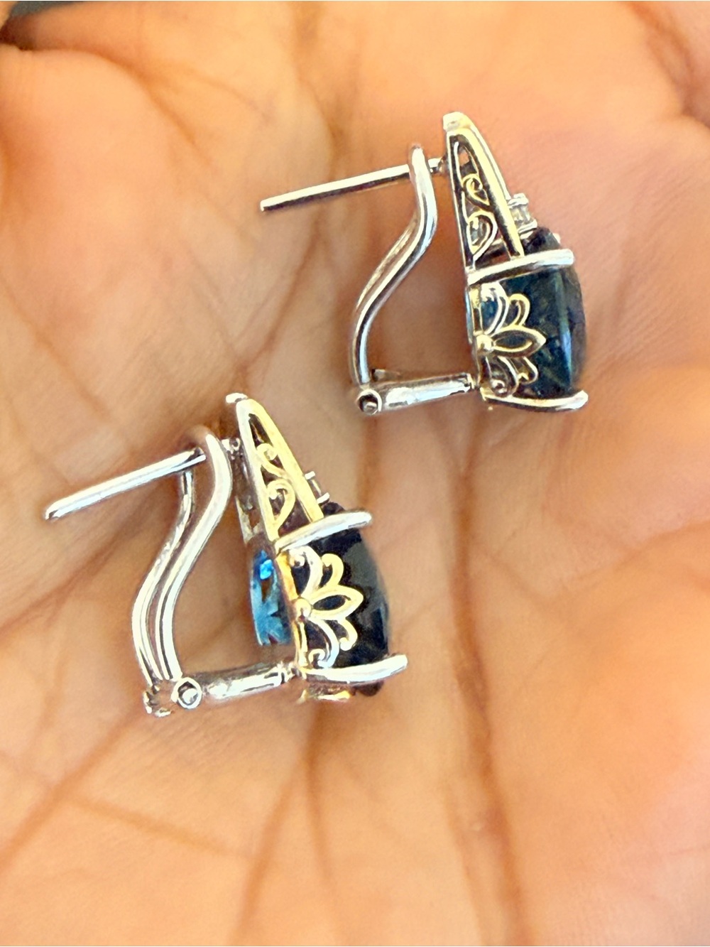 Genuine London Blue Topaz Sterling Silver 925 Two-Tone Leverback Earrings - Picture 4 of 11